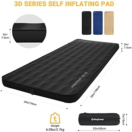 KingCamp Sleeping Pad for Camping, R 7.9 Self-Inflating Sleeping Pad 3" Thick Camping Mattress Foam Mat with 3D Sidewalls & Wave Surface Cut for Outdoor Tent Cot Car Backpacking, PVC Free (Black)