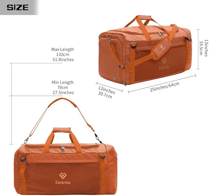 Eackrola Large Sports Gym Bag, Travel Duffel bag with Wet Pocket & Shoes Compartment for men women, 65L, Lightweight(Orange)