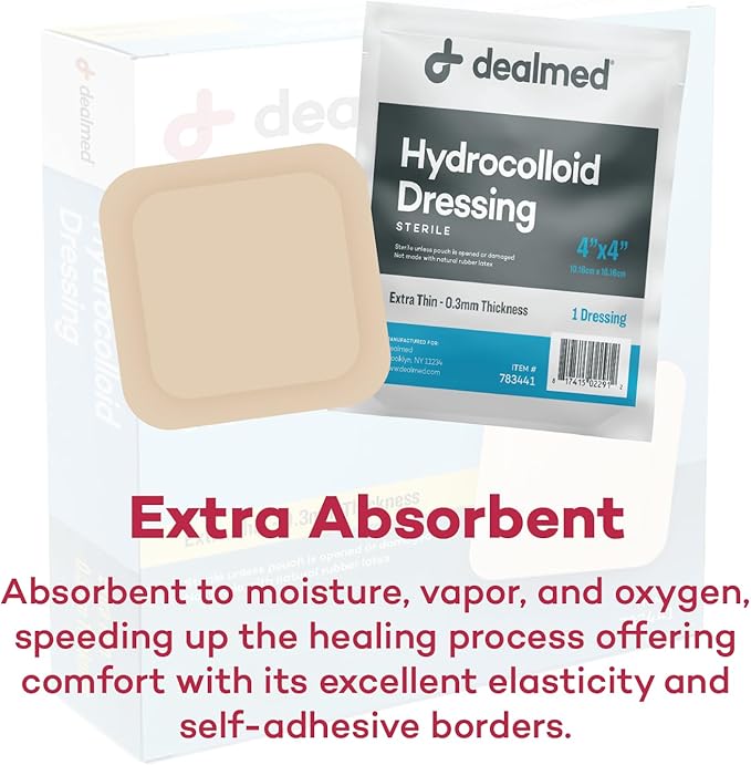 Dealmed Hydrocolloid Dressings Extra Thin 4” x 4” Bandages Wound Care Products for First Aid Kits, Individually Packed (10/Box)