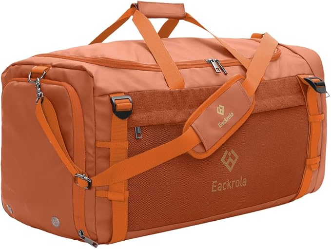 Eackrola Large Sports Gym Bag, Travel Duffel bag with Wet Pocket & Shoes Compartment for men women, 65L, Lightweight(Orange)