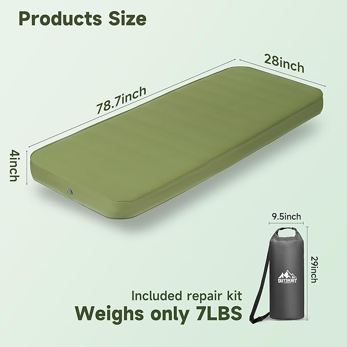 OUTSKIRT Camping Sleeping Pad, 9.5 R-Value Insulated Camping Mat, 4" Thick Self Inflating Sleeping Pad, Foam & Air Camping Mattress, Portable All Season Camping Pad for Camp/Tent/Car/Truck/Cot