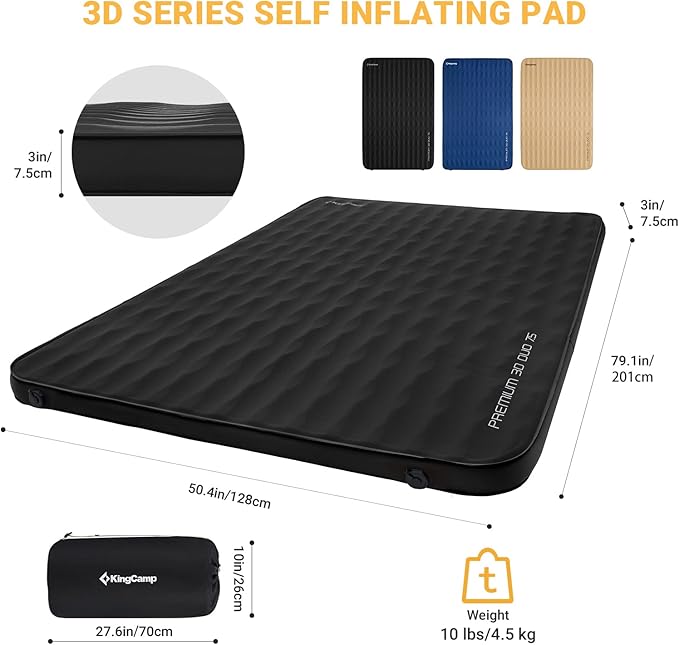KingCamp Double Sleeping Pad, 2 Person Queen R 7.9 Self Inflating Sleeping Pad 3" Thick Full Size Foam Mattress Mat with 3D Sidewalls & Wave Surface Cut for Camping Tent Car, PVC Free (Black)