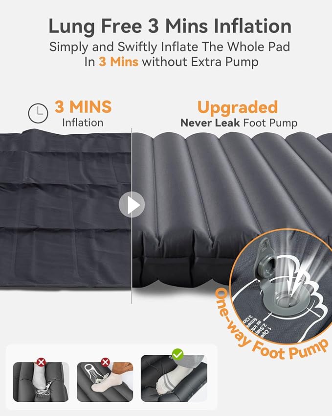 Hikenture Double Sleeping Pad for Camping, 4" Extra-Thick Camping Mattress 2 Person, Inflatable & Ultralight Sleeping Mat for Backpacking, Hiking (Grey Foot Pump, Full XL)