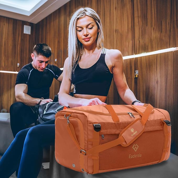 Eackrola Large Sports Gym Bag, Travel Duffel bag with Wet Pocket & Shoes Compartment for men women, 65L, Lightweight(Orange)
