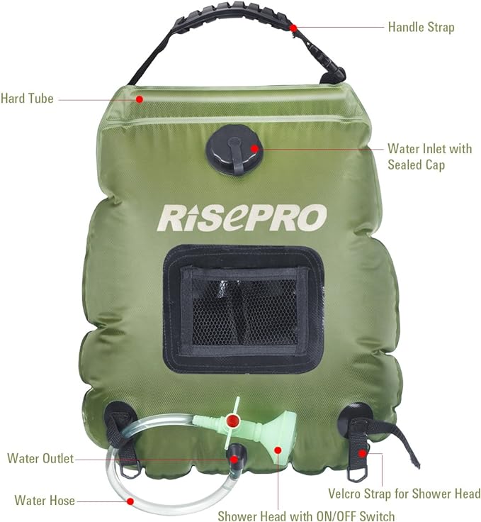 Solar Shower Bag, RISEPRO 5 gallons/20L Solar Heating Premium Camping Shower Bag Hot Water with Temperature 45°C Removable Hose on/Off Switchable Shower Head Hiking Climbing Summer Shower K8