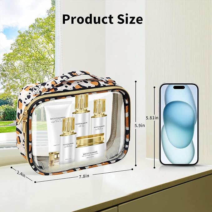 TSA Approved Travel Toiletry Bag,3 Pack Clear Makeup Bags with Handles,Quart Size Clear Cosmetic Bags for Traveling Women,Men,Carry on Airport Airline Compliant Bag,Leopard