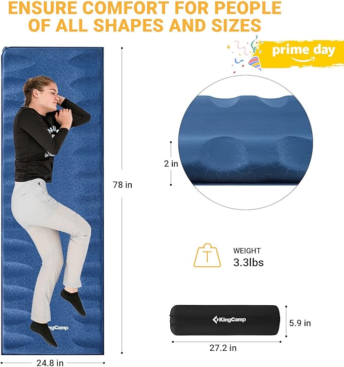 KingCamp Self Inflating Sleeping Pad 3D Inflatable Folding Sleeping Pad, Ultralight Camping Air Mattress Pad 2 Inch for Tent Hiking and Adults, Blue2