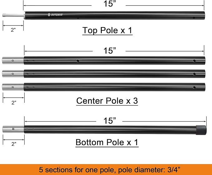 Sutekus Aluminum Poles Tarp Poles Replacement Accessories 5 Section Multifunction Aluminum Rod with Lantern Hook for Camping Shelters Canopy Support 2 Poles (Black)