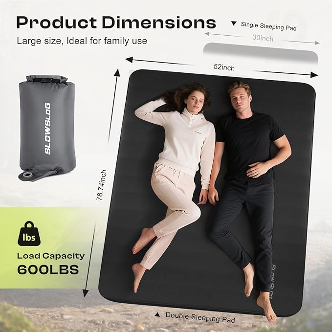 Self-Inflating Camping Mattress Pad 2 Person, 4in Thick Foam Sleeping Pad for Tent Camping, 4-Season Double Sleeping Pad with Pump Sack, Black