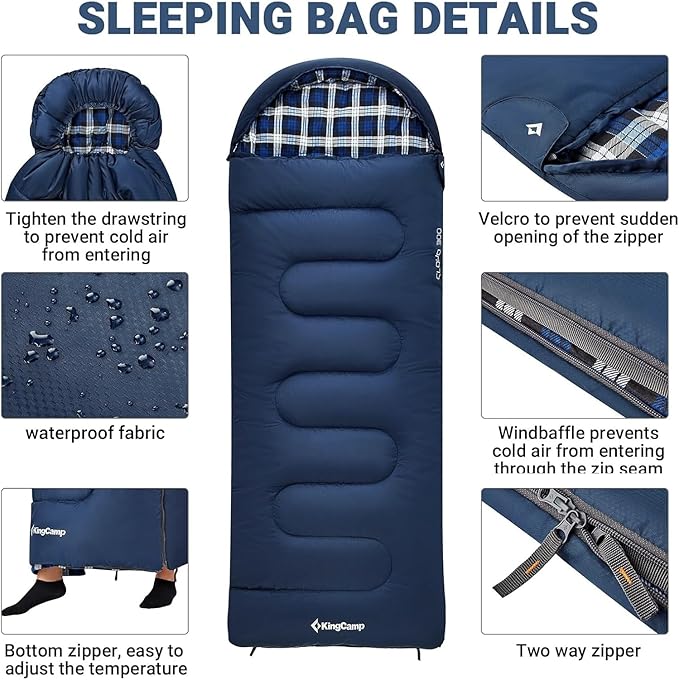 KingCamp 45°F Kids Sleeping Bag, Lightweight Waterproof & Compact Flannel Sleeping Bags Cold Weather & Warm Youth Essentials Gear Accessories for Camping, Fits 10-12 Children up to 5'5" Tall