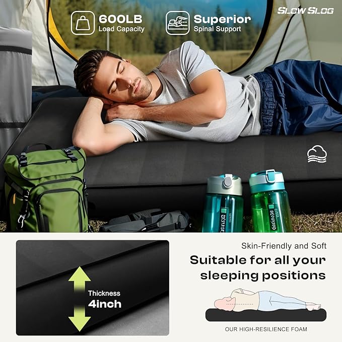 Self-Inflating Camping Mattress Pad 2 Person, 4in Thick Foam Sleeping Pad for Tent Camping, 4-Season Double Sleeping Pad with Pump Sack, Black