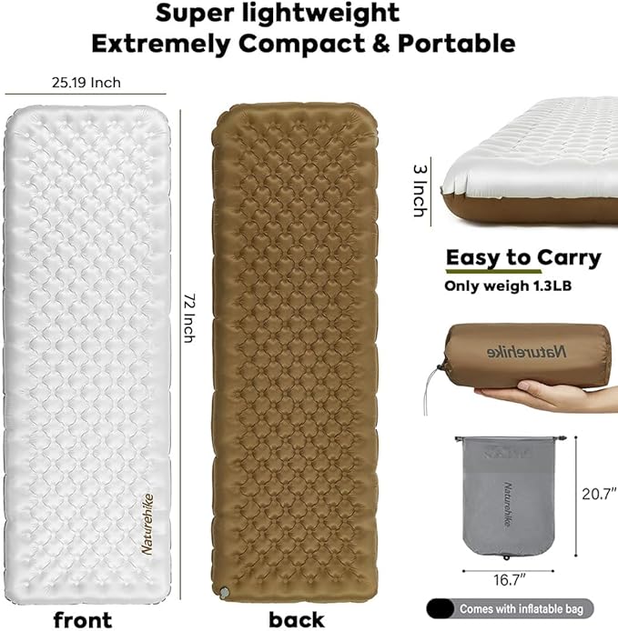 Naturehike 5.8/8.8 R-Value Camping Sleeping Pad,3.1"-4.7" Ultra-Thick,1-1.4LB Ultralight Camping Mat with Inflatable Bag,Backpacking Inflatable Foam Camping Mat for Car,Hiking