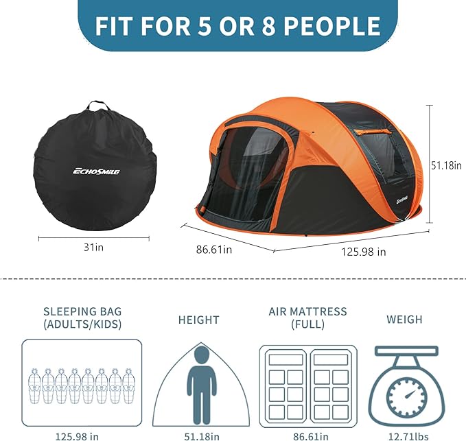 EchoSmile Camping Instant Pop Up Tent, 2/4/6/8/10 Person, Water Resistant Dome, Easy Setup for Camping Hiking and Outdoor, Portable with Carry Bag, 3 Season