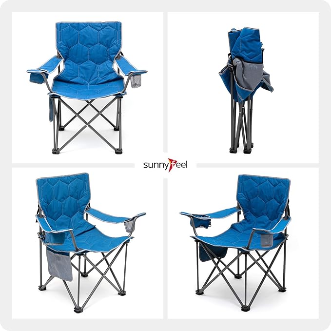 SUNNYFEEL Oversized Folding Camping Chair 500 LBS Heavy Duty Lawn Chairs with Blue Portable Folding with Armrest, Cup Holder, Pocket &Bag for Outdoor Camping/Beach/Travel/Picnic/Fishing