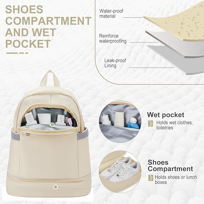 coofay Small Gym Backpack For Women Men Dance Sports Backpack With Shoe Compartment Waterproof Travel Backpack Small Gym Bag Beige