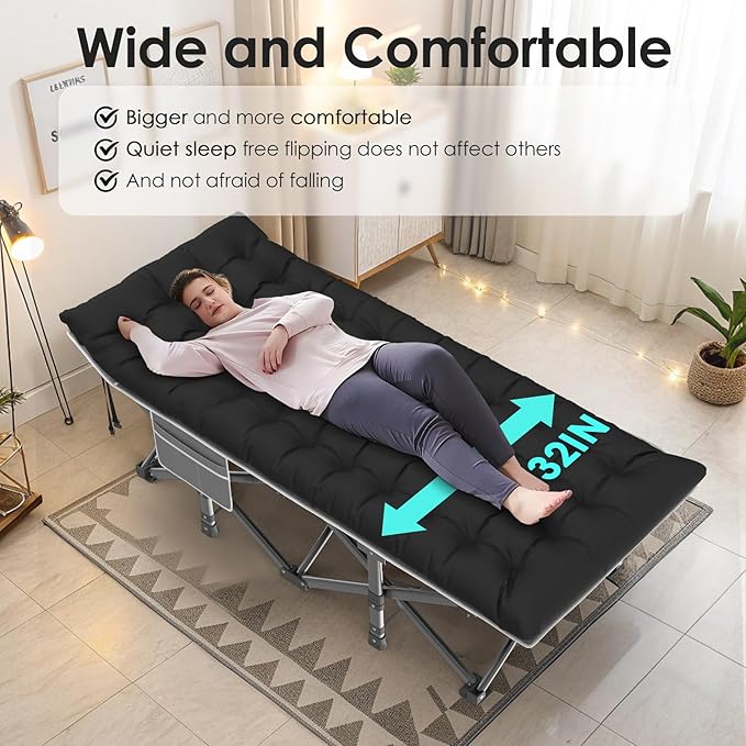 Suteck Camping Cot, 32In XXL Folding Camping Cot Heavy Duty Sleeping Bed for Adults 1200D Double Layer Oxford Cots for Camping W/Pilllow Mattress Carry Bag for Home Office Nap Beach Travel, 500LBS