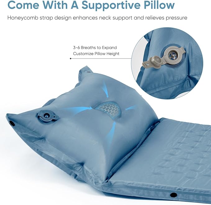Naturehike Self-Inflating Double Sleeping Pad, Ultralight Memory Foam Pad with Pillow, Fast Inflating, Patchwork Sleeping Pad for Hiking, RV Camping, Full, Blue