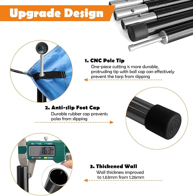 Sutekus Aluminum Poles Tarp Poles Replacement Accessories 5 Section Multifunction Aluminum Rod with Lantern Hook for Camping Shelters Canopy Support 2 Poles (Black)