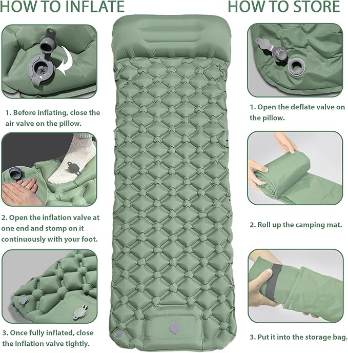 MEI&CO Ultra-Light Inflatable Sleeping Pad with Built-in Pillow & Foot Pump – for Camping, Hiking & Backpacking – Single Pad with Side Buttons for Double Conversion (1, Green)
