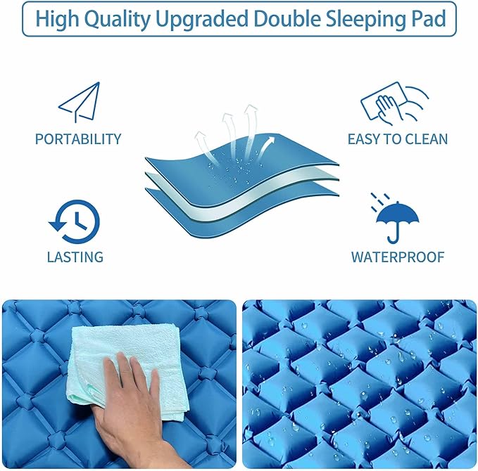 Double Sleeping Pad for Camping, 2 Person Ultralight Inflatable Sleeping Mat with Pillow and Built-in Foot Pump, Portable Camping Mattress for Tent, Backpacking, Hiking, Traveling(Blue