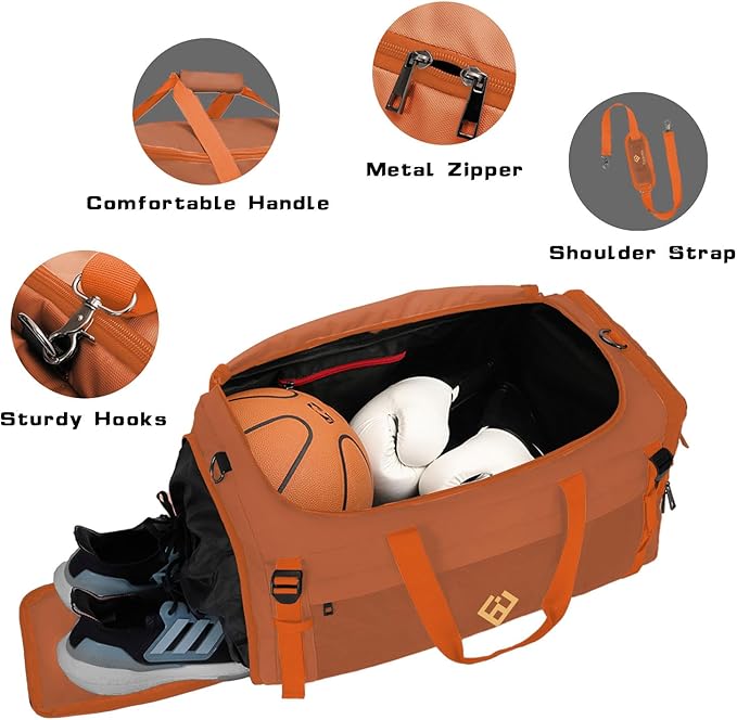 Eackrola Large Sports Gym Bag, Travel Duffel bag with Wet Pocket & Shoes Compartment for men women, 65L, Lightweight(Orange)