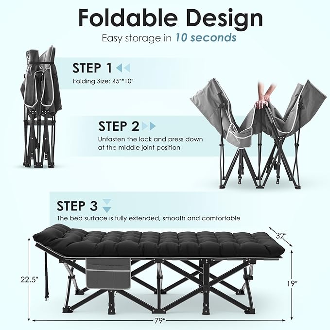 Suteck Camping Cot, 32In XXL Folding Camping Cot Heavy Duty Sleeping Bed for Adults 1200D Double Layer Oxford Cots for Camping W/Pilllow Mattress Carry Bag for Home Office Nap Beach Travel, 500LBS