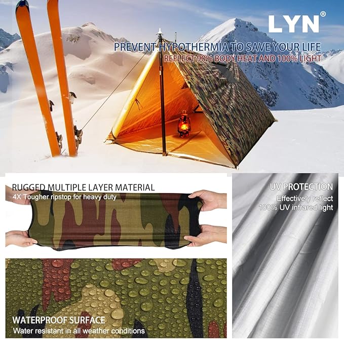 LYN Extra Large Zipper Reusable Survival Emergency Shelter Tent,Thermal Waterproof Fireproof Lightweight Bugout, with ParacordâStake for Camping,First Aid,Hiking&Bushcraft