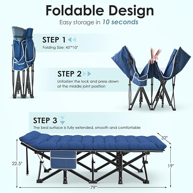 Suteck Camping Cot, 32In XXL Folding Camping Cot Heavy Duty Sleeping Bed for Adults 1200D Double Layer Oxford Cots for Camping W/Pilllow Mat Carry Bag for Home Office Travel 500lbs