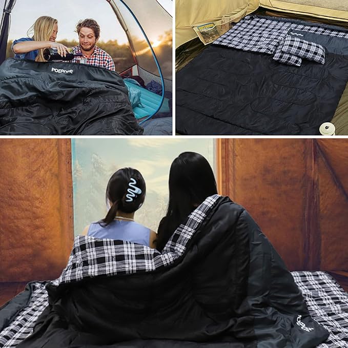 Double Sleeping Bag Flannel for Adults with 2 Pillows 2 Person Sleeping Bags Camping XXL Queen Size Two Person Sleeping Bag for Cold Weather