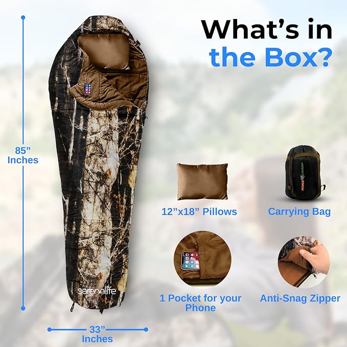 SereneLife 0 Degree Mummy Sleeping Bag – Military-Style, Lightweight & Waterproof for Extreme Cold, Stays Warm in 5–10°F, No-Snag Zipper, Compact Carry Bag & Travel Pillow for Camping & Backpacking