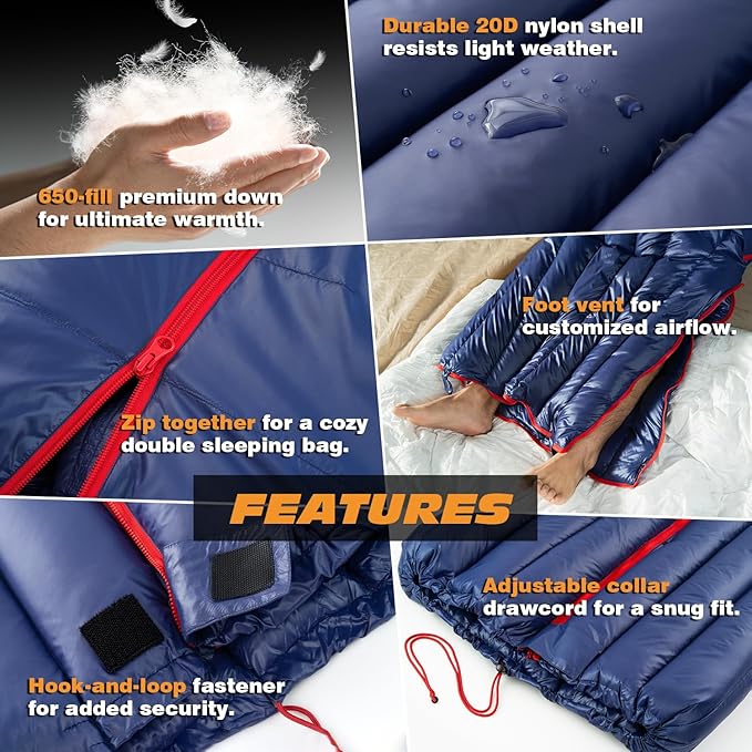 Ultralight Down Sleeping Bag - 650 Fill Power, 27oz Compact Envelope Bag for Backpacking, Camping, Hiking - 35-50f, Lightweight & Compressible, Also Ideal As a Cape