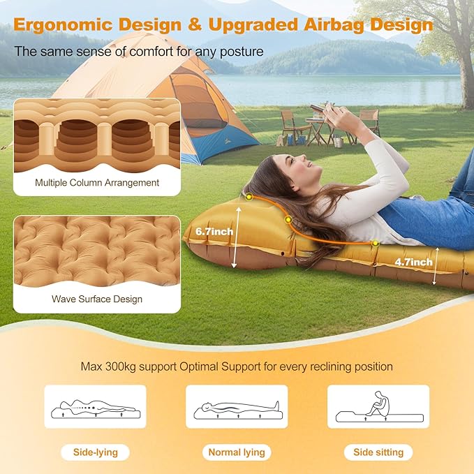 Camping Sleeping Pad, 50D Extra Thickness 4.7 Inch Inflatable Sleeping Mat Lightweight Waterproof Camping with Built-in Pump Air Mattress for Backpacking, Hiking, Tent, Traveling,(Orange+Grey)