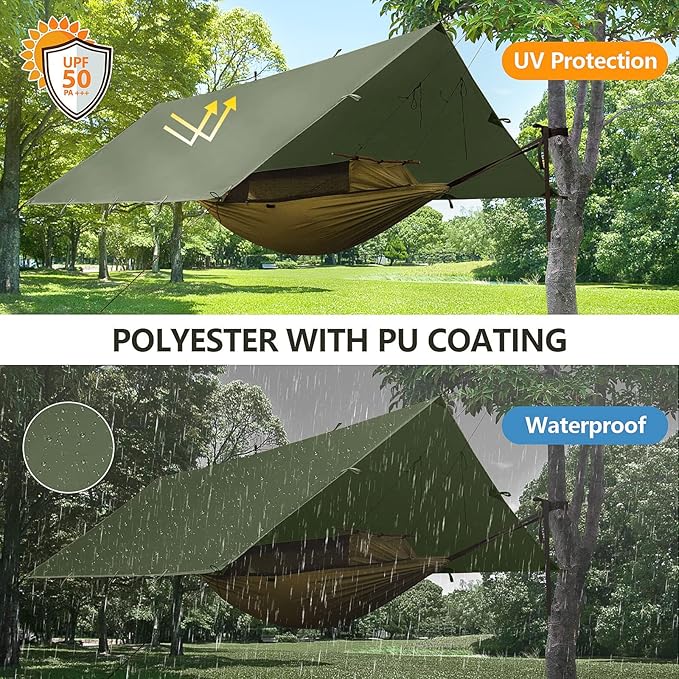 FREE SOLDIER Camping Tarp Waterproof Portable Multifunctional Outdoor Camping Traveling Awning Backpacking Shelter Rain Tarp (Dark Green 10×13ft)