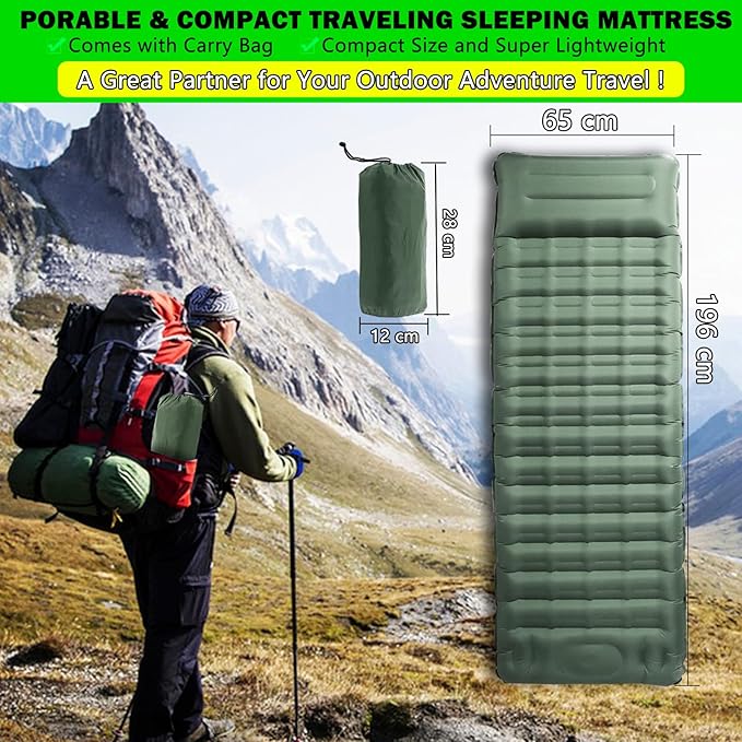 Green Self-Inflating Camping Sleeping Pad, 4.7' Thick, Single Air Mattress with Built-in Foot Pump, Waterproof, 72' x 20' x 4.7'