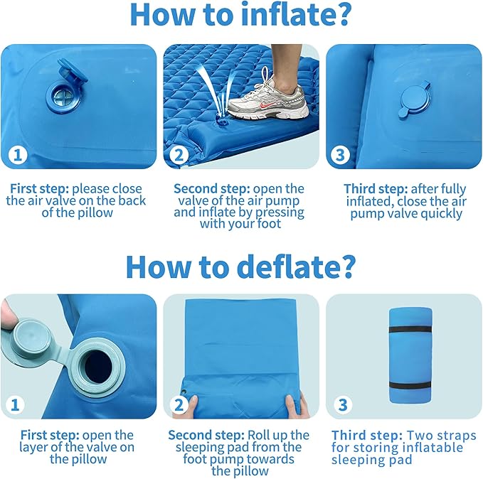 Double Sleeping Pad for Camping, 2 Person Ultralight Inflatable Sleeping Mat with Pillow and Built-in Foot Pump, Portable Camping Mattress for Tent, Backpacking, Hiking, Traveling(Blue