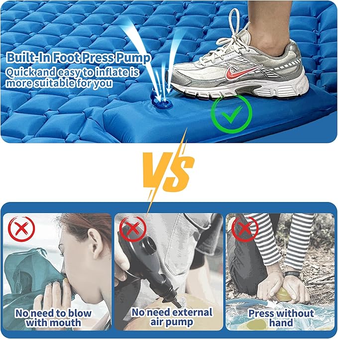 Double Sleeping Pad for Camping, 2 Person Ultralight Inflatable Sleeping Mat with Pillow and Built-in Foot Pump, Portable Camping Mattress for Tent, Backpacking, Hiking, Traveling(Blue
