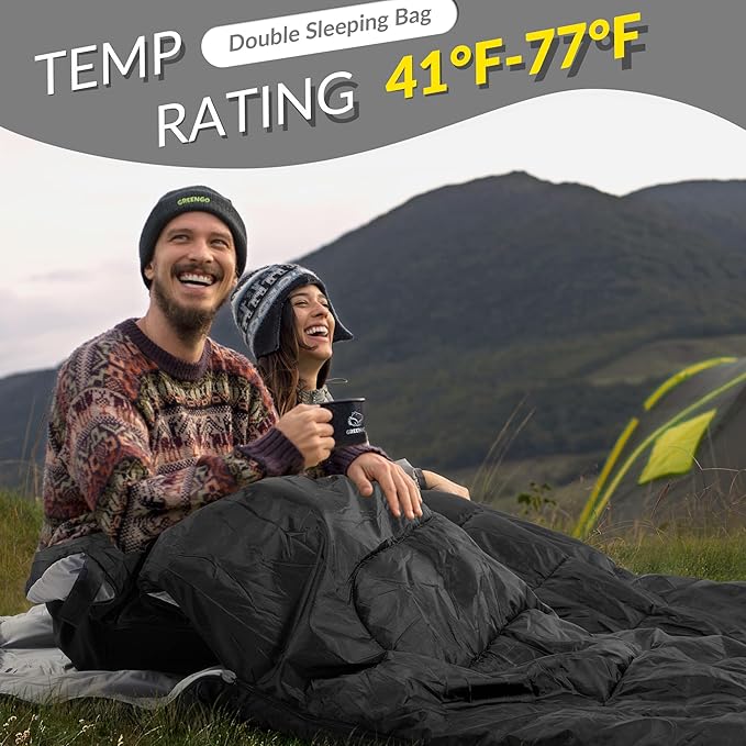 Double Sleeping Bag with 2 Pillows for Adults, Queen Size XL Sleeping Bag Waterproof, Compact with Compression Sack, 2 Person Sleeping Bags for 3-4 Seasons Camping, Backpacking, Hiking, Travel