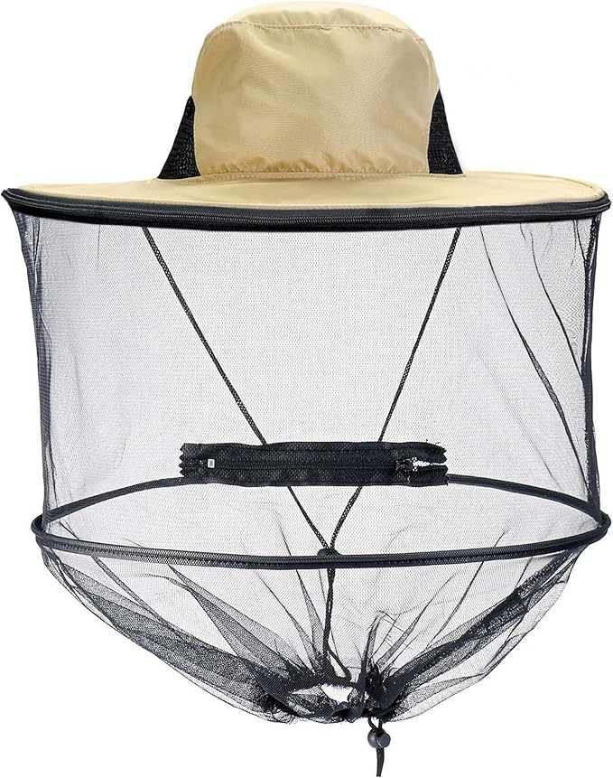 Head Net Hat with Removable Mesh Hidden Netting, Camouflage Design with Zipper Net for Outdoor Fishing Gardening Hiking Face Cover (Beige)