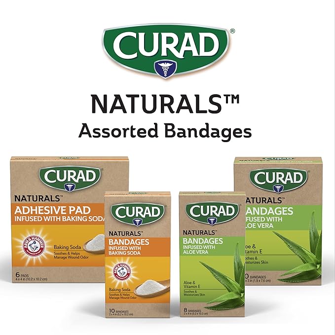 CURAD Naturals Aloe Vera & Vitamin E Bandages 0.75" x 3", Individually Wrapped Sterile Bandage, First Aid Kit Essential, Protects Scrapes and Cuts, Absorbent and Self-Adhesive, 30-Count Box