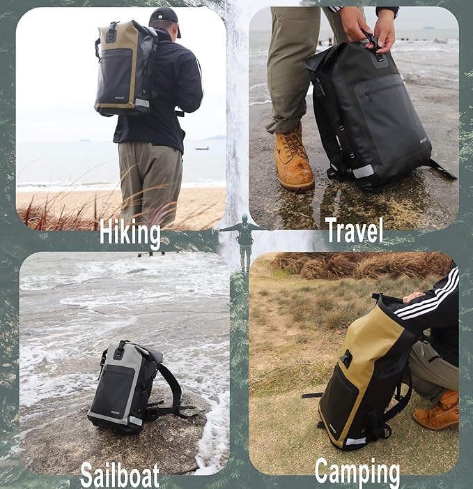 Waterproof Backpack Waterproof Bag Dry Bags 30L Roll Top Closure Travel Bags For Kayaking Camping Boating Hiking Beach (Khaki)
