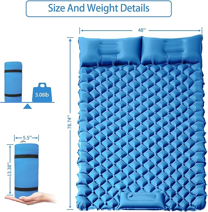 Double Sleeping Pad for Camping, 2 Person Ultralight Inflatable Sleeping Mat with Pillow and Built-in Foot Pump, Portable Camping Mattress for Tent, Backpacking, Hiking, Traveling(Blue