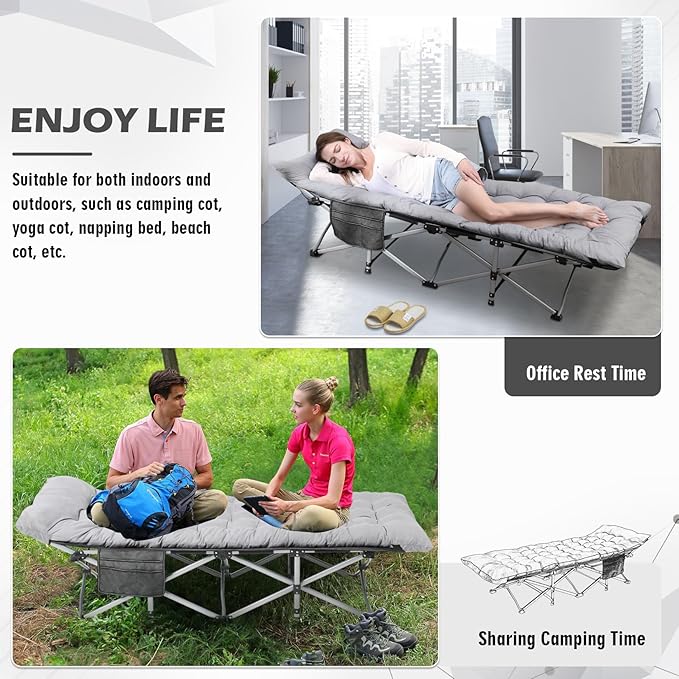 Folding Camping Cot 28inch w/Mattress, Heavy Duty Portable Sleeping Cot with Carry Bag, Double Layer Oxford Travel Camp Cots for Outdoors & Indoors, Suit for Adults Kids,Grey