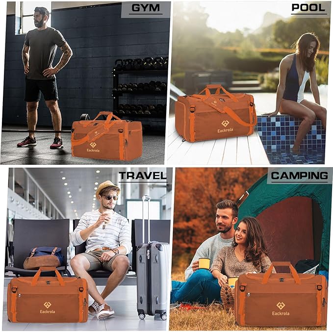 Eackrola Large Sports Gym Bag, Travel Duffel bag with Wet Pocket & Shoes Compartment for men women, 65L, Lightweight(Orange)