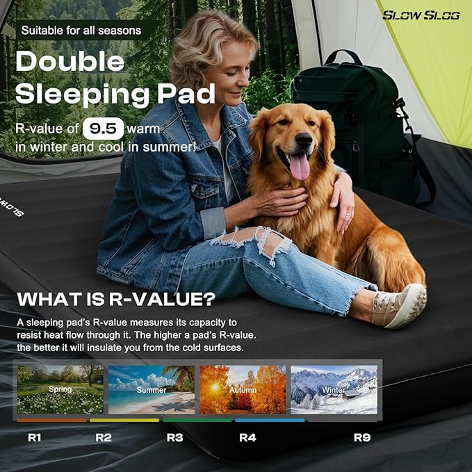 Self-Inflating Camping Mattress Pad 2 Person, 4in Thick Foam Sleeping Pad for Tent Camping, 4-Season Double Sleeping Pad with Pump Sack, Black