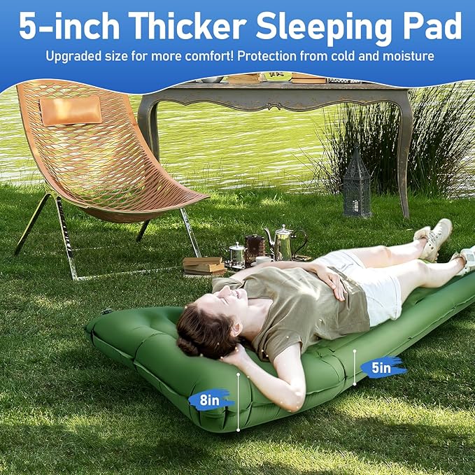 Camping Mattress Extra Thick 5in, Sleeping Pad for Camping with Pillow, Single Backpacking Mat Built-in Pump, Self Inflating Sleeping Pad, Sleep Mat Holds 440 lbs, 40D Nylon, Repair Kit