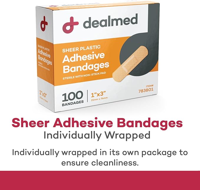 Dealmed Sheer Plastic Flexible Adhesive Bandages – 100 Count (1 Pack) Bandages with Non-Stick Pad, Latex Free, Wound Care for First Aid Kit, 1" x 3"