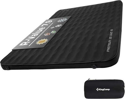 KingCamp Double Sleeping Pad, 2 Person Queen R 7.9 Self Inflating Sleeping Pad 3" Thick Full Size Foam Mattress Mat with 3D Sidewalls & Wave Surface Cut for Camping Tent Car, PVC Free (Black)