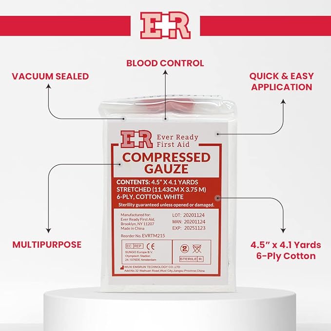 Ever Ready First Aid Compressed Sterile Gauze, 6-Ply Emergency Medical Dressing for First Aid Kits – 4.5” x 4.1 Yards - 10 Pack