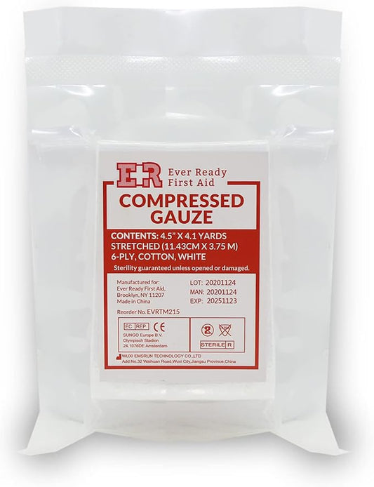 Ever Ready First Aid Compressed Sterile Gauze, 6-Ply Emergency Medical Dressing for First Aid Kits – 4.5” x 4.1 Yards - 1 Pack