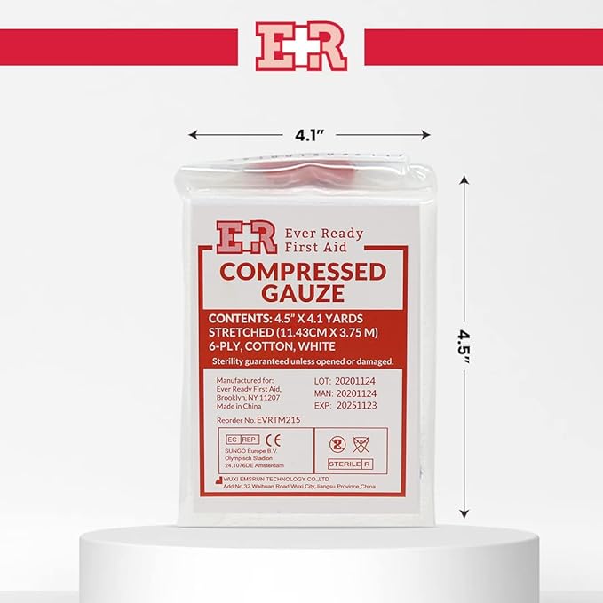 Ever Ready First Aid Compressed Sterile Gauze, 6-Ply Emergency Medical Dressing for First Aid Kits – 4.5” x 4.1 Yards - 1 Pack